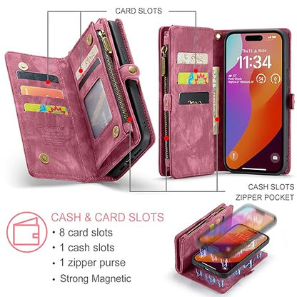 Compatible with iPhone 15 Pro Wallet Case with Magsafe,Red | Magnetic Detachable Case,Card Holder,Zipper Pocket,Strap Wristlet, Soft Leather Drop-Proof Phone Case for iPhone 15 Pro 6.1" - color: Red, size: iPhone 15 Pro 6.1"