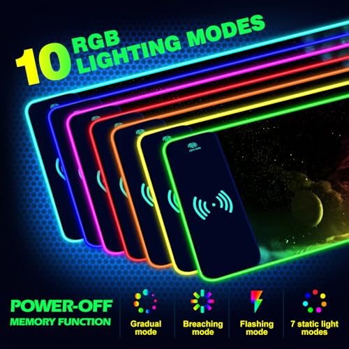 AIMSA Wireless Charging RGB Gaming Mouse Pad 15W, Extended LED Desk Mat Protector 800x300x4MM, 14 Light Modes Extra Large Mousepad Non-Slip Rubber Base Desk Mat, Nebula Universe - color: Nebula Universe