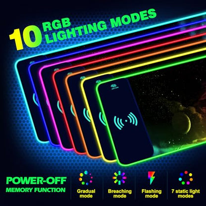 AIMSA Wireless Charging RGB Gaming Mouse Pad 15W, Extended LED Desk Mat Protector 800x300x4MM, 14 Light Modes Extra Large Mousepad Non-Slip Rubber Base Desk Mat, Nebula Universe - color: Nebula Universe