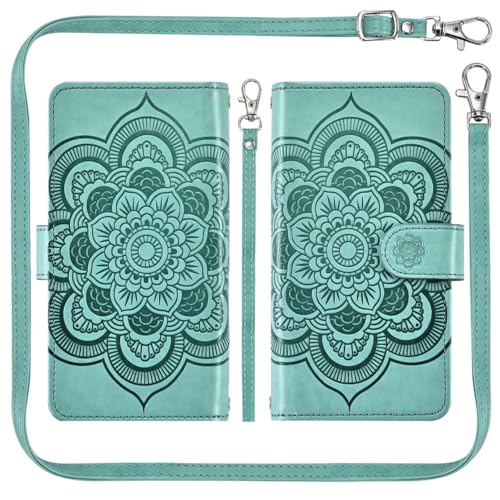 Asuwish Phone Case for iPhone 16 Pro 6.3 inch Zipper Wallet Detachable Cell Cover with Tempered Glass Screen Protector Crossbody Lanyard Strap Flower Card Holder i Phone16 i16 16Pro Women Girls Green - color: Green