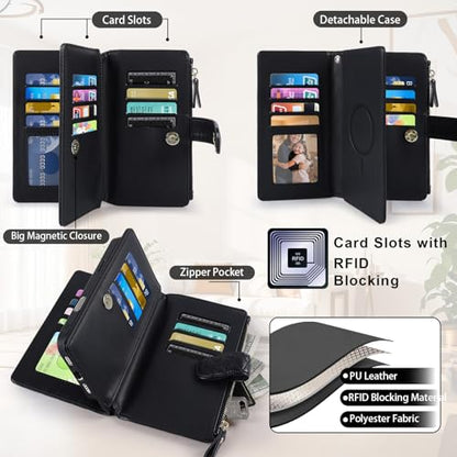 for iPhone 16e/17e Case Wallet,Compatible with MagSafe Magnetic 2 in 1 Magnetic Detachable PU Leather RFID Blocking Wallet Cover Card Holder Zipper Wrist Strap Lanyard,Quilted Black - color: Quilted Black