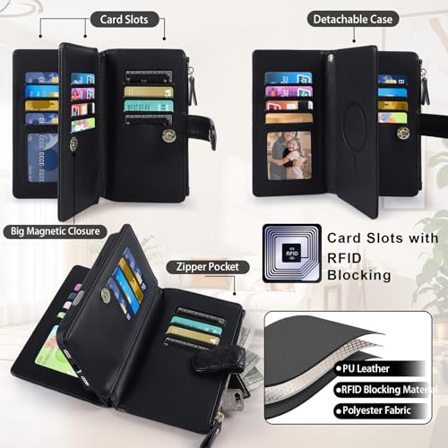 for iPhone 17 Case Wallet,Compatible with MagSafe 2 in 1 Magnetic Detachable PU Leather RFID Blocking Wallet Cover Card Holder Zipper Wrist Strap Lanyard,Quilted Black - color: Quilted Black, size: iPhone 17