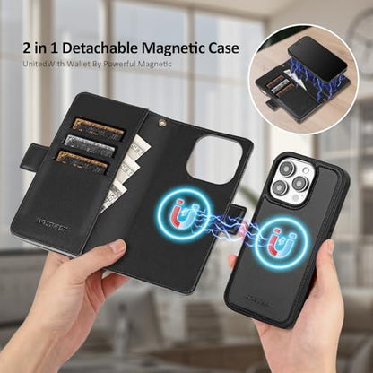 Antsturdy Compatible with MagSafe iPhone 13 Pro Wallet Case,Black | Detachable Magnetic Credit Card Holder,RFID Blocking,PU Leather Zipper Purse,Wrist Strap Kickstand,Flip Phone Cover for Women - color: (Detachable with Magsafe)-Black