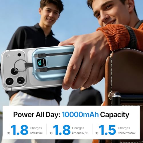 for MagSafe Portable Charger, 10000mAh Power Bank with Built-in 2 Cables - color: blue