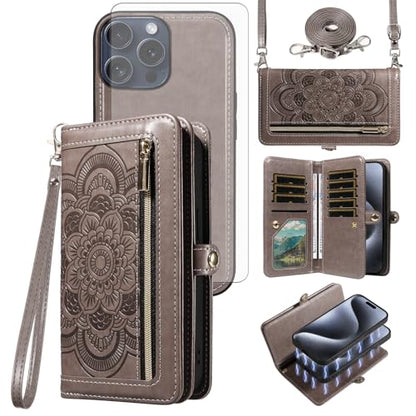 Asuwish Phone Case for iPhone 15 Pro 6.1 inch Zipper Wallet Magnetic Detachable Cell Cover with Tempered Glass Screen Protector Crossbody Strap Flower Credit Card Holder i Phone15 i15 15Pro Women Gray - color: Gray