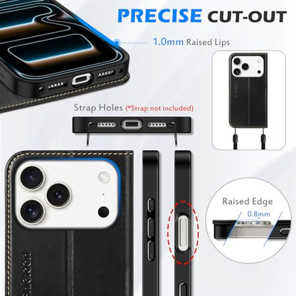 SHIELDON Genuine Leather Wallet Case for iPhone 17 Pro 6.3", Retro Black | Magnetic Closure, RFID Blocking, Credit Card Holder, Viewing Stand, Folio Design, Shockproof Protective Cover - color: Retro Black