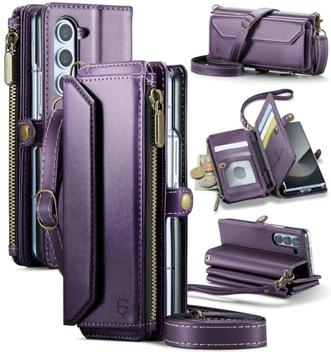 Strapurs Crossbody Wallet Case Compatible with Samsung Galaxy Z Fold 6 with RFID Blocking Card Holder & Pen Holder Slot Soft PU Leather Shoulder Strap Zipper Pocket Purse Fold 6 Phone Case, Purple | RFID Blocking 5-Card Holder, Shoulder Lanyard, Wirst Str