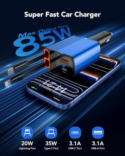 Retractable Car Charger 4 in 1 for Cars, 85W Cell Phone Automobile Chargers - color: Dark blue