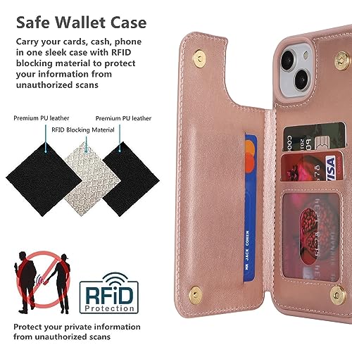 iCoverCase Compatible with iPhone 14 Plus Phone Case with Card Holder, Wallet Case for Women Men RFID Blocking PU Leather Protective Case 6.7 Inch (Rose Gold) - color: Rose Gold
