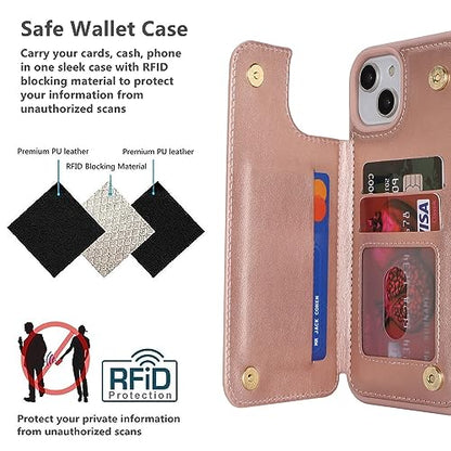 iCoverCase Compatible with iPhone 14 Plus Phone Case with Card Holder, Wallet Case for Women Men RFID Blocking PU Leather Protective Case 6.7 Inch (Rose Gold) - color: Rose Gold