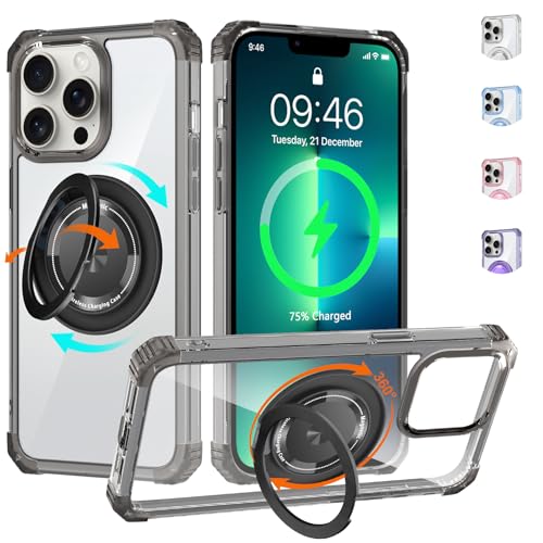 Clear Case for iPhone 13 Pro Case Magnetic 360 Rotatable Ring Stand | [ Compatible with MagSafe ] Heavy Duty Military Grade Cover with Ring Kickstand for Women Men, Transparent Black - color: Clear Black, size: iPhone 13 Pro