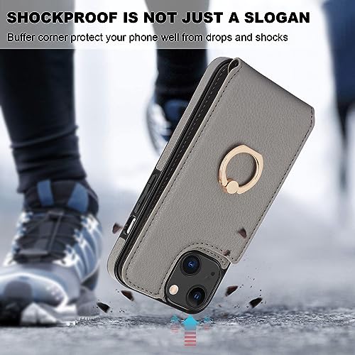 Folosu Compatible with iPhone 13 Case Wallet with Card Holder, 360°Rotation Finger Ring Holder Kickstand Protective RFID Blocking PU Leather Double Buttons Flip Shockproof Cover 6.1 Inch Gray - color: Gray