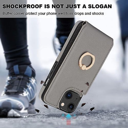 Folosu Compatible with iPhone 13 Case Wallet with Card Holder, 360°Rotation Finger Ring Holder Kickstand Protective RFID Blocking PU Leather Double Buttons Flip Shockproof Cover 6.1 Inch Gray - color: Gray