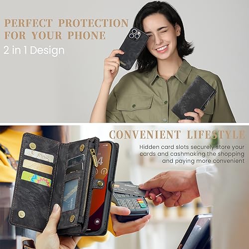 iPhone 15 Pro Wallet Case,iPhone 15 Pro Zipper Folio Leather Case Wallet with Card Holder,Strap Wristlet,Detachable Magnetic Protective Back Case for iPhone 15 Pro 5G 6.1 Inch (Black) - color: Black, size: iPhone 15 Pro 6.1"