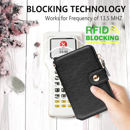 M-Plateau Small Wallet for Women Large Capacity with ID Window | Phone Wallet with Adhesive Card Holder for Phone Case (Compatible with Most Smartphones) (Black) - color: Black