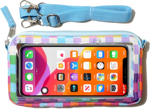 DQL Cute Design Phone case with Lanyard，Neck Phone Holder, Cross Body Phone Case Holder Wallet for Women for Biking, Hiking, Walking (Rainbow Plaid) - color: Rainbow Plaid
