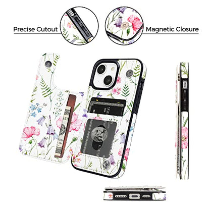 uCOLOR for iPhone 13/14 Wallet Case with Card Holder Pink Flowers | PU Leather RFID Blocking for Women Men Magnetic Clasp Kickstand - color: Pink Flowers