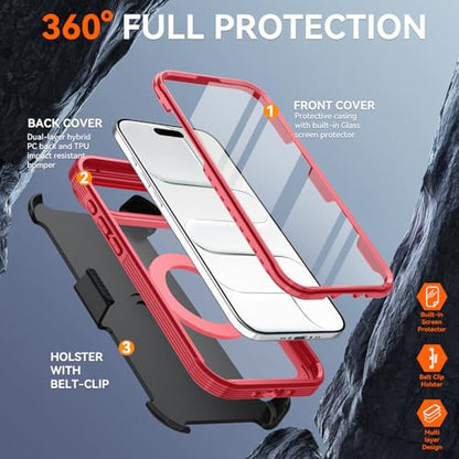 Magnetic for iPhone Air Case, Compatible with MagSafe, Full Body Rugged Case with Built-in Screen Protector & Kickstand & Belt-Clip (Red) - color: Red