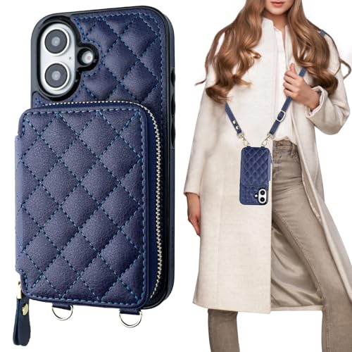 Bocasal Crossbody Wallet Case Card Holder for iPhone 16, Dark Blue | RFID Blocking PU Leather Zipper Handbag Purse, Kickstand Flip Folio Case with Card Slots Holder Wrist Strap Lanyard 6.1 Inch - color: Dark Blue