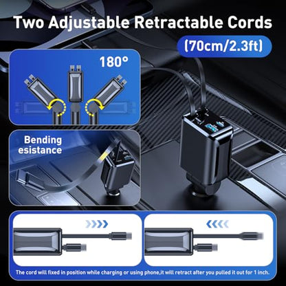 Retractable Car Charger, Car Phone Charger with Cables Fast Charging, USB C Car Charger Adapter for iPhone 17 16 15 14 13 12, Samsung