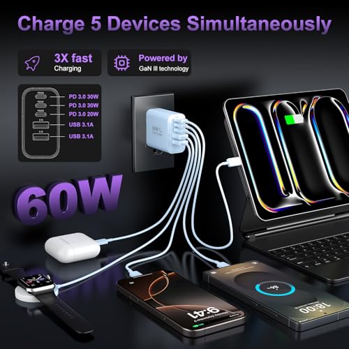 USB C Charger Block Fast Charging,60W Phone Charger USBC Wall Plug Adapter - color: Blue-2Pack