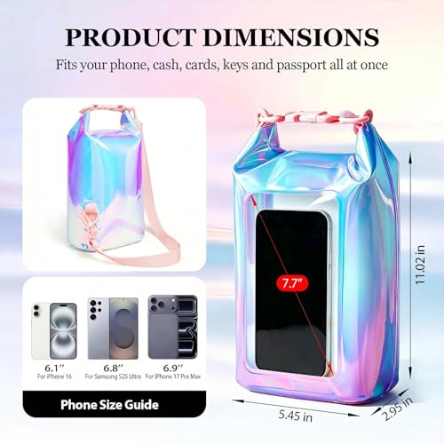 IP68 Waterproof Phone Pouch Case Three-Layer Seal for iPhone 17 16 Pro Max/15/14, IP68 Travel Cellphone Dry Bag Beach Cruise Ship Essential Bucket Bag with Crossbody Lanyard, Iridescent - color: C1-Iridescent