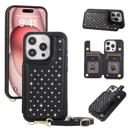 Crossbody Wallet Case for iPhone 12 Pro Max(6.7") with Detachable Strap - PU Leather Flip Folio with Card Slots & RFID Blocking, Sparkling Diamond Accents-Black - color: Black, size: iPhone 12 Pro Max(6.7")