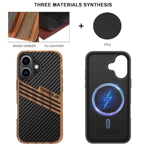 TENDLIN Magnetic Case Compatible with iPhone 16 Phone Case Wood Grain with Carbon Fiber Texture Design Leather Hybrid Slim Cover (Compatible with MagSafe) Three Stripe - color: Magnetic Three Stripe, size: iPhone 16