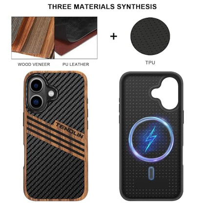 TENDLIN Magnetic Case Compatible with iPhone 16 Phone Case Wood Grain with Carbon Fiber Texture Design Leather Hybrid Slim Cover (Compatible with MagSafe) Three Stripe - color: Magnetic Three Stripe, size: iPhone 16