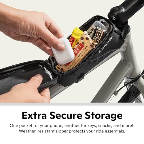 Schwinn Top Tube Phone Bag for Bicycles, Black, Touch-Screen Compatible Smartphone Pocket, Easy Installation, Weatherproof Zip Pocket, Storage for Phone, Wallet, Keys and More, Bike Frame Mount Bag
