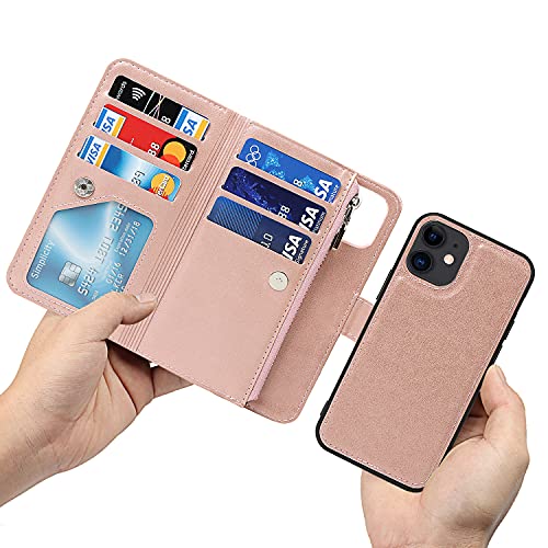 iCoverCase for iPhone 12 Mini Wallet Case with Card Holder and Wrist Strap, PU Leather Kickstand Card Slots Zipper Pocket Magnetic [Detachable] Flip Cover Case 5.4 Inch (Rose Gold) - color: Rose Gold