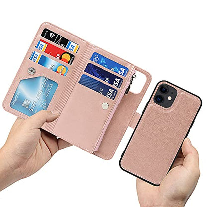 iCoverCase for iPhone 12 Mini Wallet Case with Card Holder and Wrist Strap, PU Leather Kickstand Card Slots Zipper Pocket Magnetic [Detachable] Flip Cover Case 5.4 Inch (Rose Gold) - color: Rose Gold
