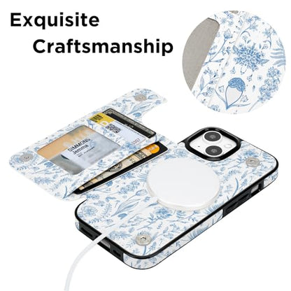 uCOLOR for iPhone 13/14 Wallet Case Magsafe with Card Holder Slot | Compatible with MagSafe,Folio Flip PU Leather Magnetic RFID Design with Camera Lens Protector, Blue Toile Flowers - color: Blue Toile Flowers