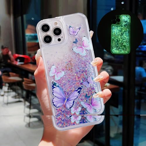 Compatible with iPhone 15 Pro Max Glitter Butterfly Case Glow in The Dark Women Girls Girly Bling Sparkle Flowing Quicksand Light up Case Soft TPU Bumper Luminous Clear Phone Cover, Purple - color: Purple, size: iPhone 15 Pro Max