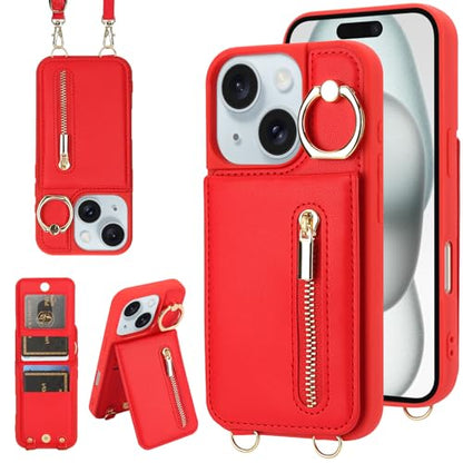 Crossbody Wallet Case for iPhone 11 with Lanyard Strap Card Slot Holder RFID Blocking Ring Kickstand,Magnetic Flip Folio Zipper Purse Case, PU Leather Cover Handbag,Red - color: Red, size: iPhone 11(6.1")