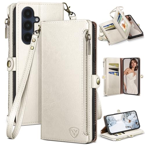 XcaseBar Compatible with Samsung Galaxy A16 5G Wallet case with Zipper Credit Card Holder【RFID Blocking】,Flip Folio Book PU Leather Phone case Shockproof Cover Women Men for Samsung A16 case White - color: White
