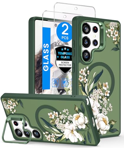 Dretal Magnetic Matte Floral Phone Case for Samsung Galaxy S26 Ultra -Green | Built-in Lens Stand,Screen Protector,Compatible with MagSafe,Shockproof Women Girls Flower Pattern Cover for S26 Ultra 5G - color: Green