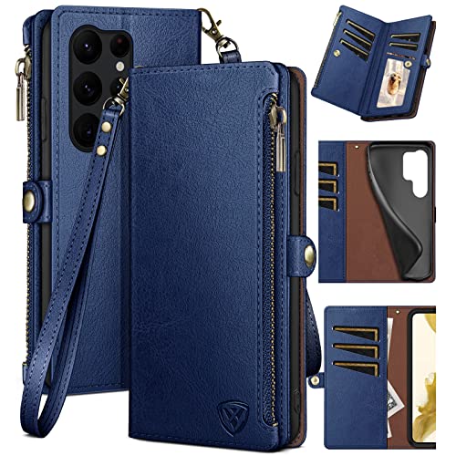 XcaseBar for Samsung Galaxy S24 Ultra Wallet case with Zipper Credit Card Holder RFID Blocking,Flip Folio Book PU Leather Shockproof Protective Cover Women Men for Samsung S24Ultra Phone case Blue - color: Blue Case