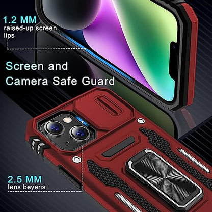 DEERLAMN Case for iPhone 13/iPhone 14 6.1-Inch with Slide Camera Cover+Screen Protector(2 Packs),Rotated Ring Kickstand Military Grade Shockproof Protective Cover-Red - color: Red