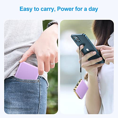 ummz Mini Portable Charger with Built-in 4 Cables，12000mAh Small Power Bank - color: purple