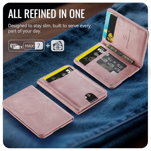 Strapurs Strong Magnetic Wallet Card Holder for MagSafe Phones and Cases, Slim PU Leather Detachable Phone Wallet with 6 Card Slots RFID Blocking for iPhone 17/16/15/14/13/12/Pro/Max/Plus – Pink - color: Pink