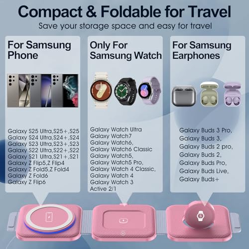 Foldable 3 in 1 Wireless Charger for Samsung Multiple Devices, Travel Wireless Charging Station/Stand for Galaxy S25 Ultra/S24/Z Fold Flip 6/5, Charger Dock Stand for Samsung Watch 7, Buds Pro3（Pink）