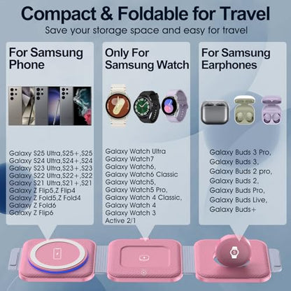 Foldable 3 in 1 Wireless Charger for Samsung Multiple Devices, Travel Wireless Charging Station/Stand for Galaxy S25 Ultra/S24/Z Fold Flip 6/5, Charger Dock Stand for Samsung Watch 7, Buds Pro3（Pink）