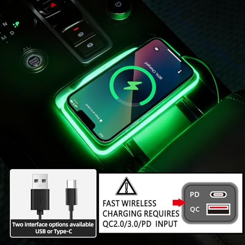 Car Wireless Charger Pad, 15W Fast Charging, RGB LED Atmosphere Light, Anti-Slip, Universal Qi Compatible with iPhone and Wireless Charging Phones, Black(USB-C) (USB-A) (USB Type C)