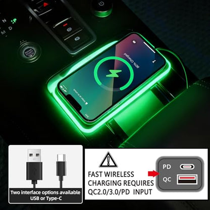 Car Wireless Charger Pad, 15W Fast Charging, RGB LED Atmosphere Light, Anti-Slip, Universal Qi Compatible with iPhone and Wireless Charging Phones, Black(USB-C) (USB-A) (USB Type C)