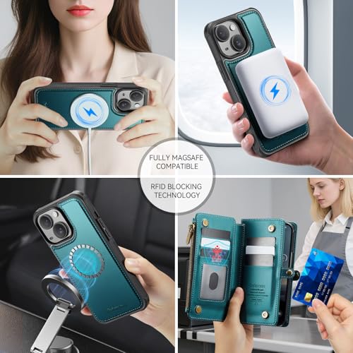 Defencase for iPhone 13 Phone Case Wallet Compatible with Magsafe, Green | Magnetic Detachable, Drop-Proof Protective Wallet Cases Cover, with RFID Bolcking Card Holder, Zipper Strap, Soft PU Leather - color: (Detachable with Magsafe)-Blue Green