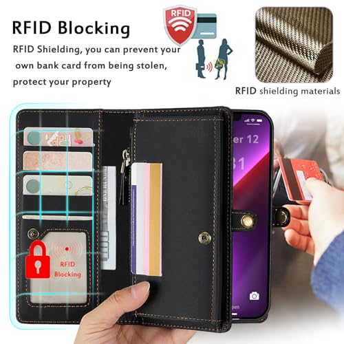 for Wallet Case Compatible with iPhone 13 Pro Max,Multi-Function Detachable 2 in 1 Magnetic iPhone 13 Pro Max Case Wallet,Flip Strap Zipper Card Holder Phone Case with Shoulder Straps (Black) - color: Black, size: iPhone 13 pro max