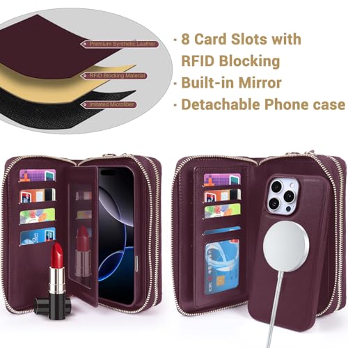 Harryshell Compatible with iPhone 16 Pro Case Wallet Multi Zipper Detachable Removable Cover with RFID Blocking Card Slots Holder Mirror Crossbody Strap (Compatible with Magsafe-Quilted Burgundy) - color: Compatible with Magsafe - Quilted Burgundy, size: