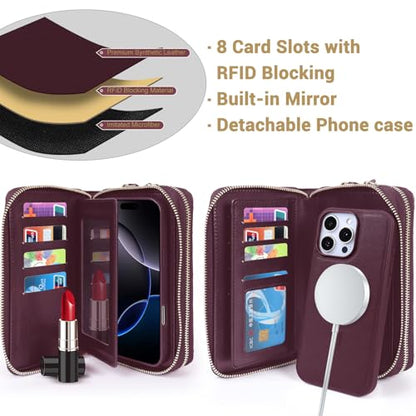 Harryshell Compatible with iPhone 16 Pro Case Wallet Multi Zipper Detachable Removable Cover with RFID Blocking Card Slots Holder Mirror Crossbody Strap (Compatible with Magsafe-Quilted Burgundy) - color: Compatible with Magsafe - Quilted Burgundy, size: