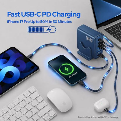 165W GaN Charging Station, 6-Port Desk Charging Station, Navy Blue - color: Navy Blue